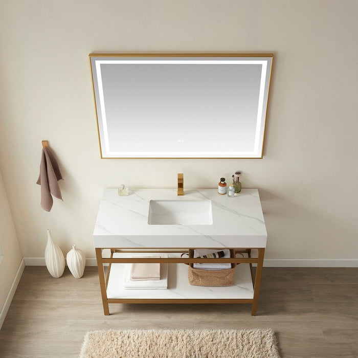 Vinnova Designs Funes 60" Single Sink Bath Vanity in Brushed Gold Metal Support with White Sintered Stone Top and Mirror