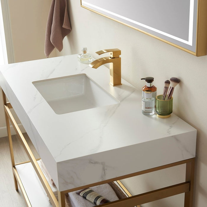 Vinnova Designs Funes 60" Single Sink Bath Vanity in Brushed Gold Metal Support with White Sintered Stone Top and Mirror