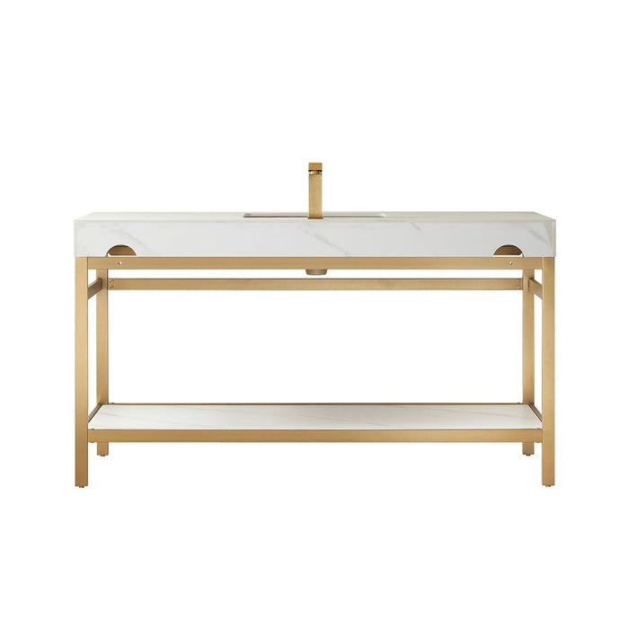 Vinnova Designs Funes 60" Single Sink Bath Vanity in Brushed Gold Metal Support with White Sintered Stone Top and Mirror