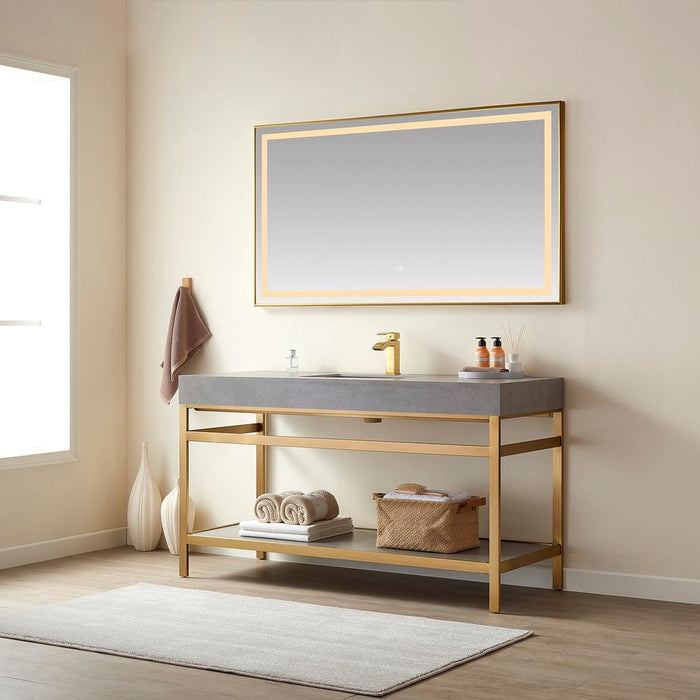 Vinnova Designs Funes 60" Single Sink Bath Vanity in Brushed Gold Metal Support with Grey Sintered Stone Top and Mirror