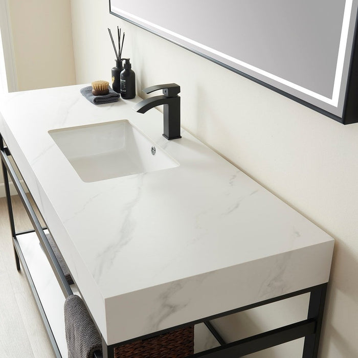 Vinnova Designs Funes 60" Single Sink Bath Vanity in Matte Black Metal Support with White Sintered Stone Top and Mirror