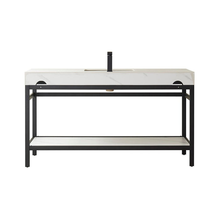 Vinnova Designs Funes 60" Single Sink Bath Vanity in Matte Black Metal Support with White Sintered Stone Top and Mirror