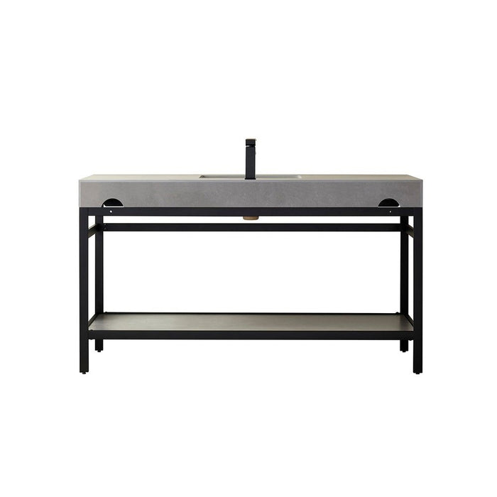 Vinnova Designs Funes 60" Single Sink Bath Vanity in Matte Black Metal Support with Grey Sintered Stone Top and Mirror