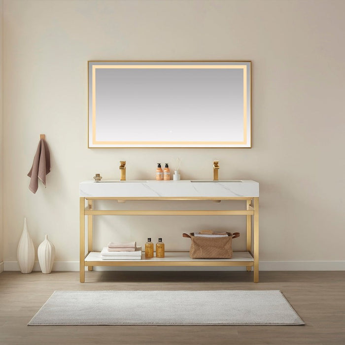 Vinnova Designs Funes 60M" Double Sink Bath Vanity in Brushed Gold Metal Support with White Sintered Stone Top and Mirror