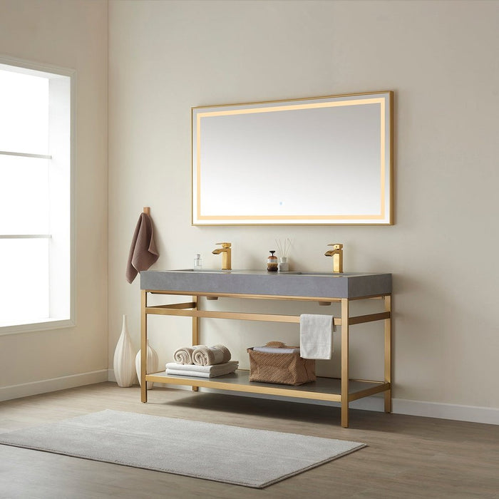 Vinnova Designs Funes 60M" Double Sink Bath Vanity in Brushed Gold Metal Support with Grey Sintered Stone Top and Mirror