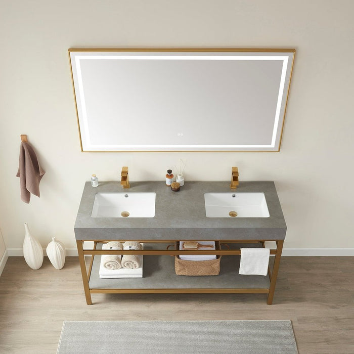 Vinnova Designs Funes 60M" Double Sink Bath Vanity in Brushed Gold Metal Support with Grey Sintered Stone Top and Mirror