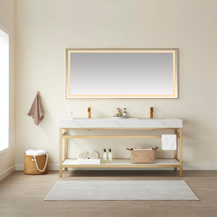 Vinnova Designs Funes 72" Double Sink Bath Vanity in Brushed Gold Metal Support with White Sintered Stone Top and Mirror