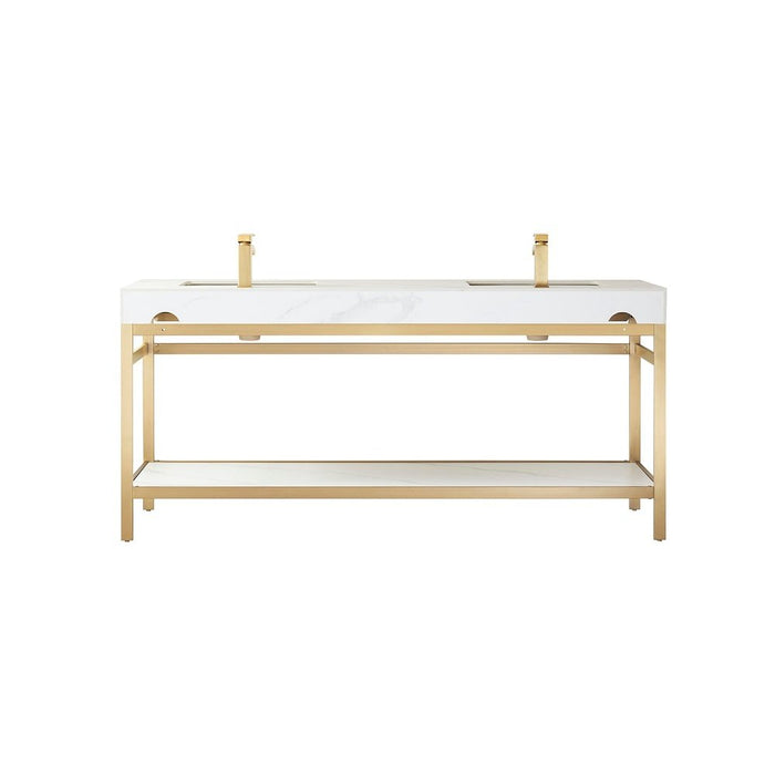 Vinnova Designs Funes 72" Double Sink Bath Vanity in Brushed Gold Metal Support with White Sintered Stone Top and Mirror