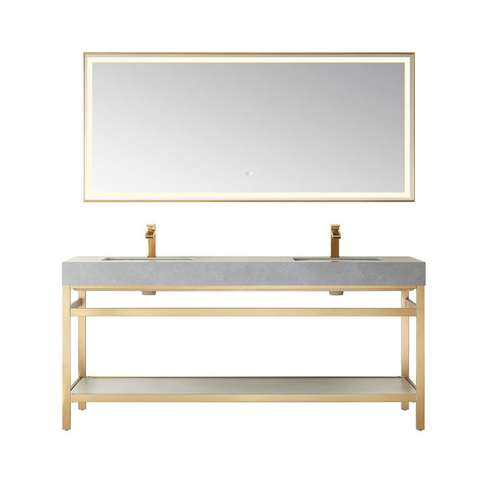 Vinnova Designs Funes 72" Double Sink Bath Vanity in Brushed Gold Metal Support with Grey Sintered Stone Top and Mirror