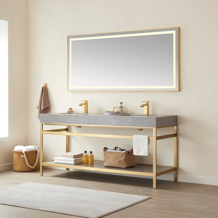 Vinnova Designs Funes 72" Double Sink Bath Vanity in Brushed Gold Metal Support with Grey Sintered Stone Top and Mirror