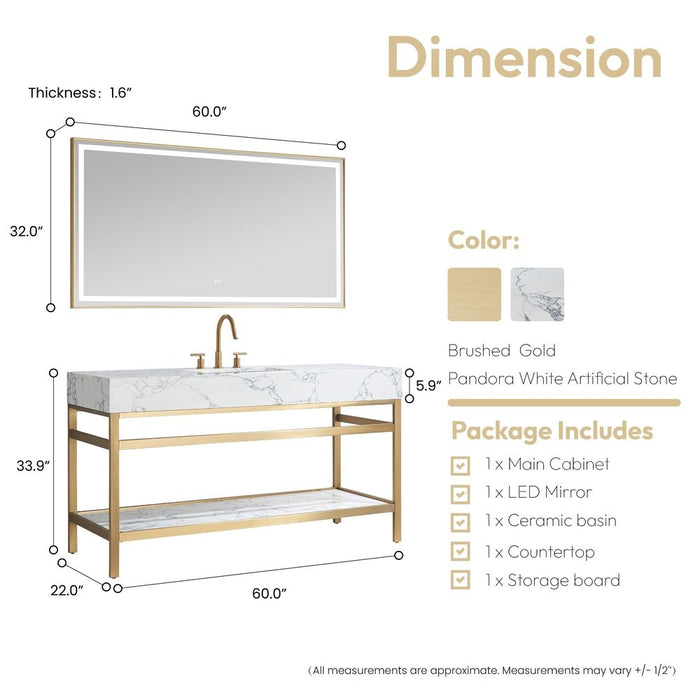 Vinnova Designs Ecija 60" Free-standing Single Bath Vanity in Brushed Gold Metal Support with Pandora White Composite Stone Top and Mirror