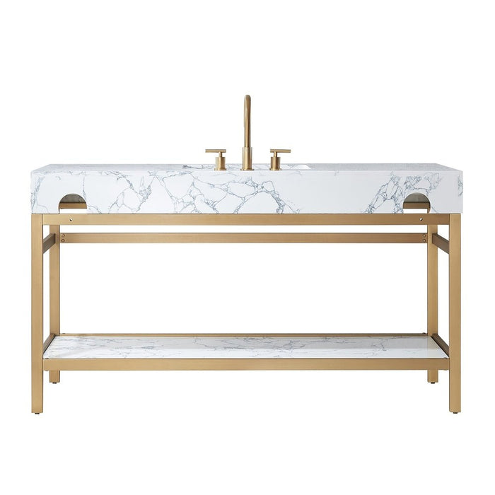 Vinnova Designs Ecija 60" Free-standing Single Bath Vanity in Brushed Gold Metal Support with Pandora White Composite Stone Top and Mirror