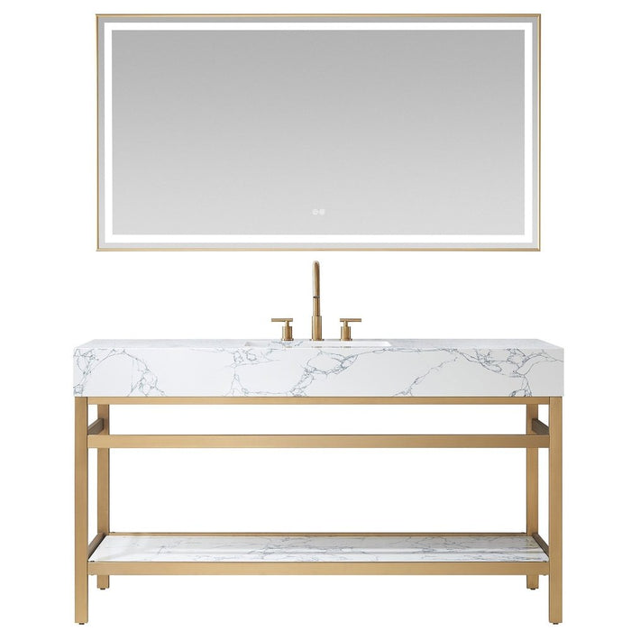 Vinnova Designs Ecija 60" Free-standing Single Bath Vanity in Brushed Gold Metal Support with Pandora White Composite Stone Top and Mirror