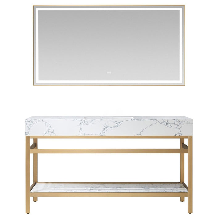 Vinnova Designs Ecija 60" Free-standing Single Bath Vanity in Brushed Gold Metal Support with Pandora White Composite Stone Top and Mirror