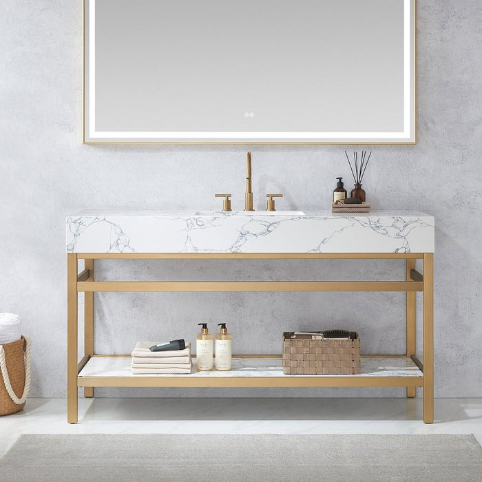 Vinnova Designs Ecija 60" Free-standing Single Bath Vanity in Brushed Gold Metal Support with Pandora White Composite Stone Top and Mirror