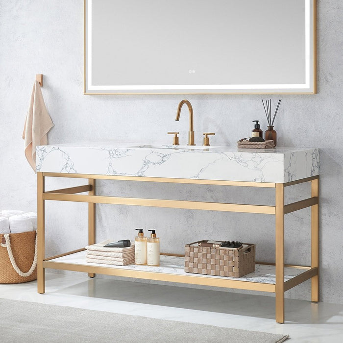 Vinnova Designs Ecija 60" Free-standing Single Bath Vanity in Brushed Gold Metal Support with Pandora White Composite Stone Top and Mirror