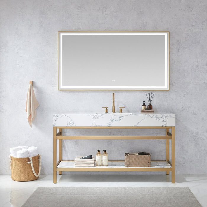 Vinnova Designs Ecija 60" Free-standing Single Bath Vanity in Brushed Gold Metal Support with Pandora White Composite Stone Top and Mirror