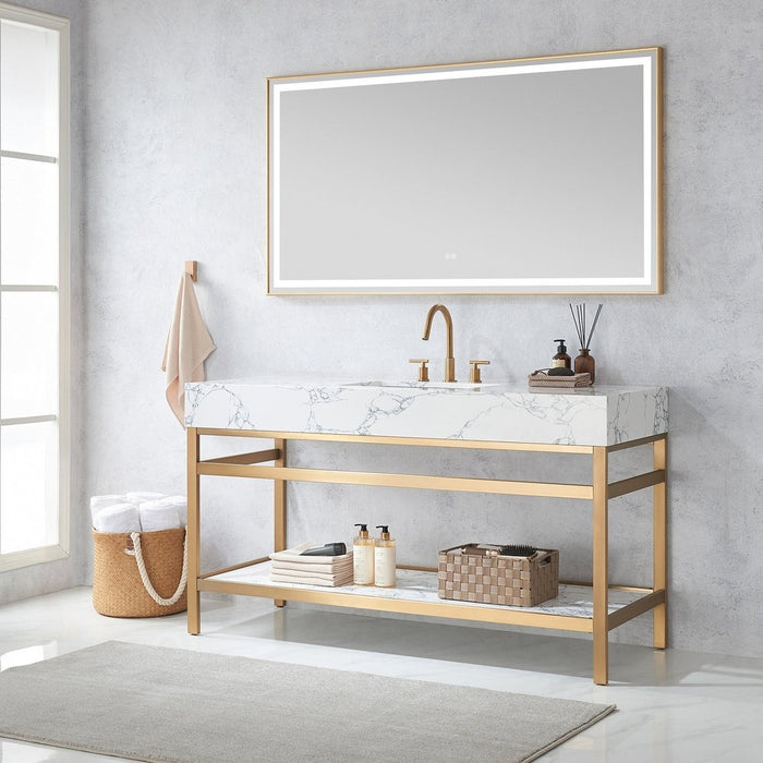 Vinnova Designs Ecija 60" Free-standing Single Bath Vanity in Brushed Gold Metal Support with Pandora White Composite Stone Top and Mirror