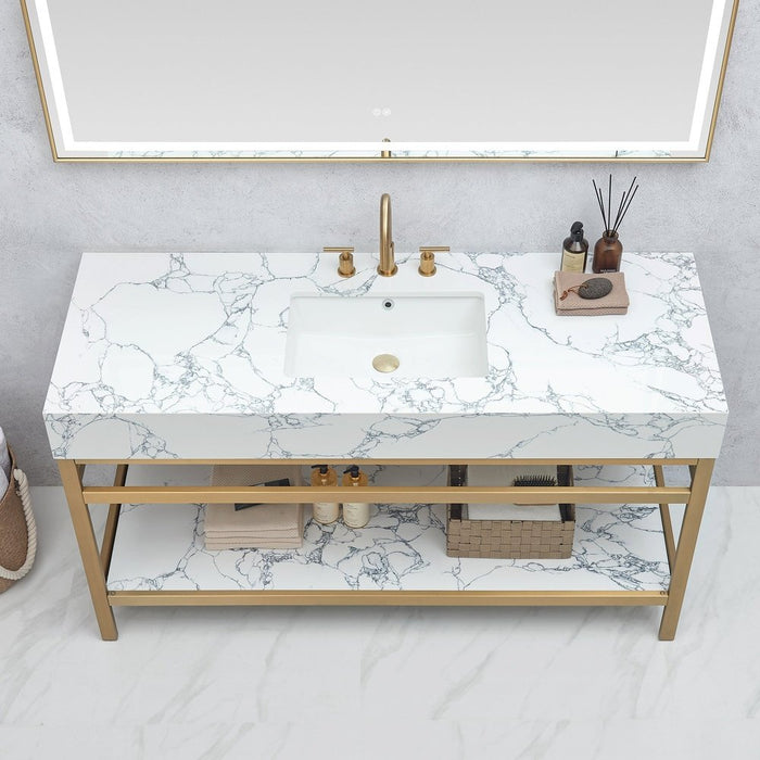 Vinnova Designs Ecija 60" Free-standing Single Bath Vanity in Brushed Gold Metal Support with Pandora White Composite Stone Top and Mirror