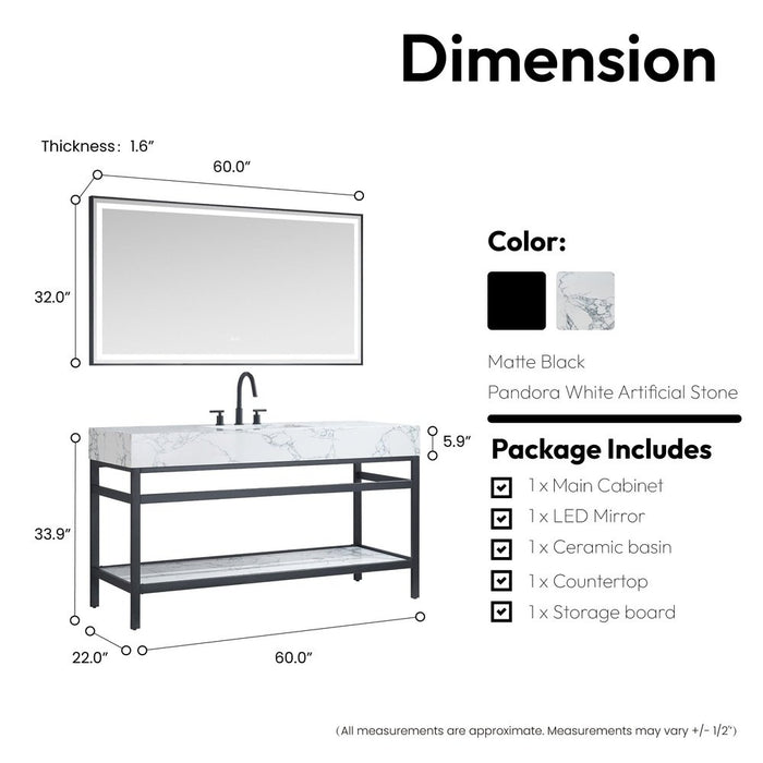 Vinnova Designs Ecija 60" Free-standing Single Bath Vanity in Mattee Black Metal Support with Pandora White Composite Stone Top and Mirror