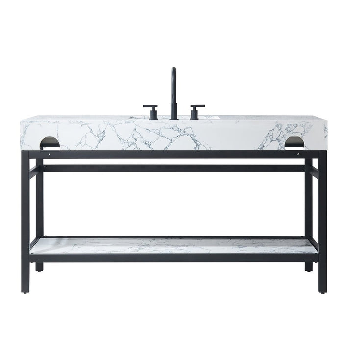 Vinnova Designs Ecija 60" Free-standing Single Bath Vanity in Mattee Black Metal Support with Pandora White Composite Stone Top and Mirror