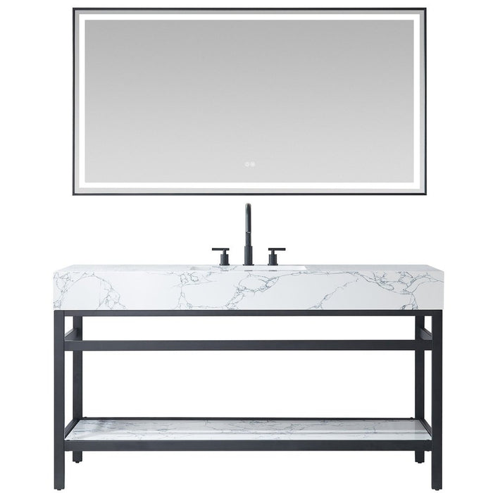 Vinnova Designs Ecija 60" Free-standing Single Bath Vanity in Mattee Black Metal Support with Pandora White Composite Stone Top and Mirror