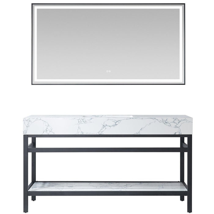 Vinnova Designs Ecija 60" Free-standing Single Bath Vanity in Mattee Black Metal Support with Pandora White Composite Stone Top and Mirror