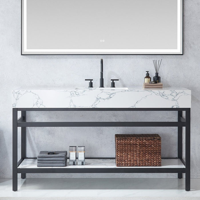 Vinnova Designs Ecija 60" Free-standing Single Bath Vanity in Mattee Black Metal Support with Pandora White Composite Stone Top and Mirror