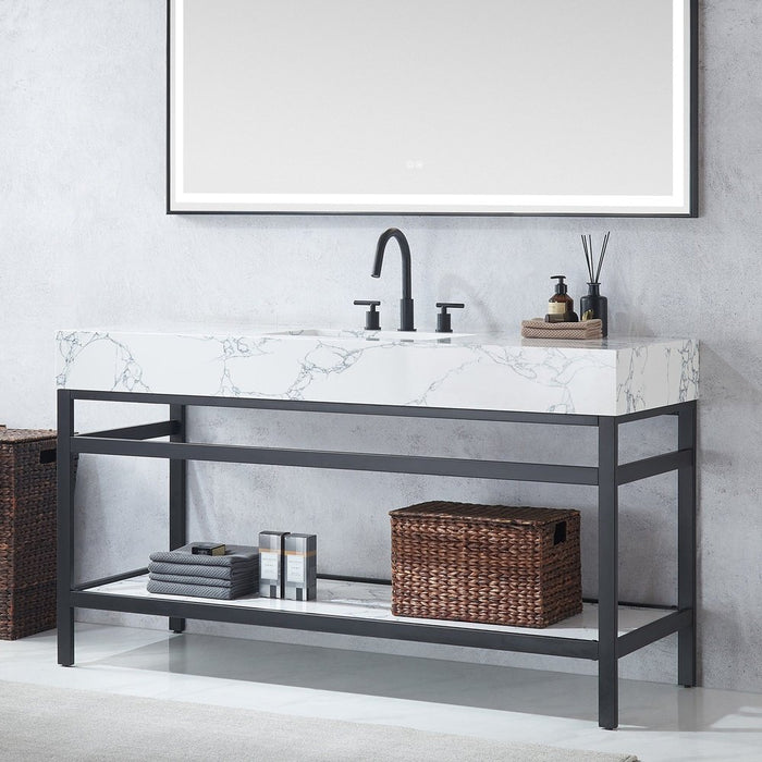 Vinnova Designs Ecija 60" Free-standing Single Bath Vanity in Mattee Black Metal Support with Pandora White Composite Stone Top and Mirror