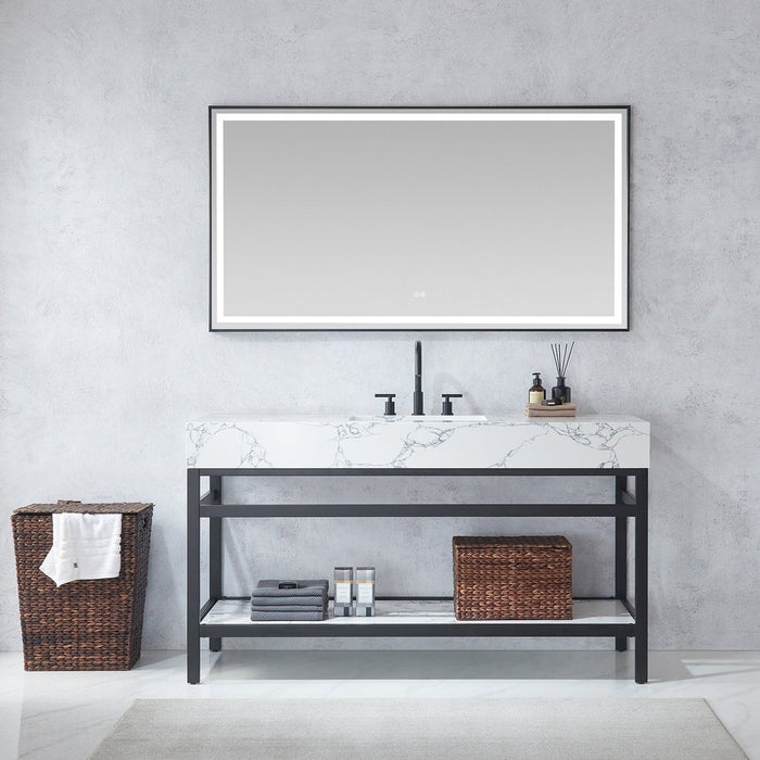 Vinnova Designs Ecija 60" Free-standing Single Bath Vanity in Mattee Black Metal Support with Pandora White Composite Stone Top and Mirror