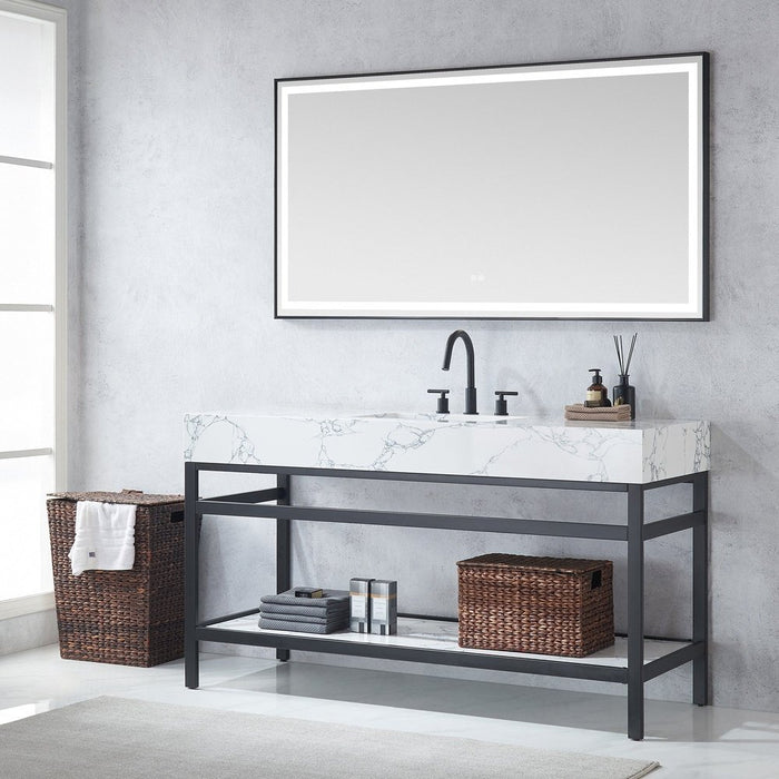 Vinnova Designs Ecija 60" Free-standing Single Bath Vanity in Mattee Black Metal Support with Pandora White Composite Stone Top and Mirror