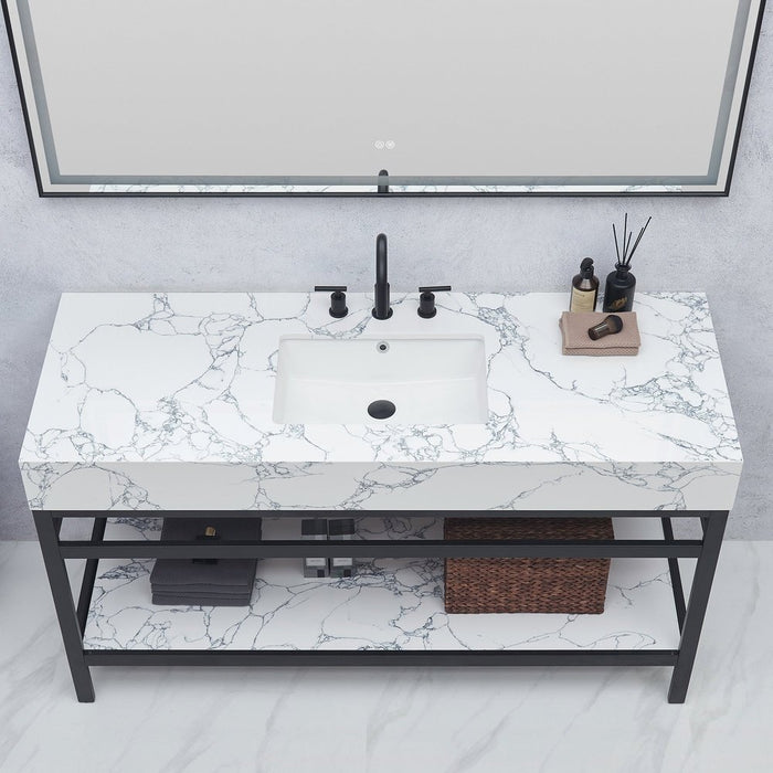 Vinnova Designs Ecija 60" Free-standing Single Bath Vanity in Mattee Black Metal Support with Pandora White Composite Stone Top and Mirror