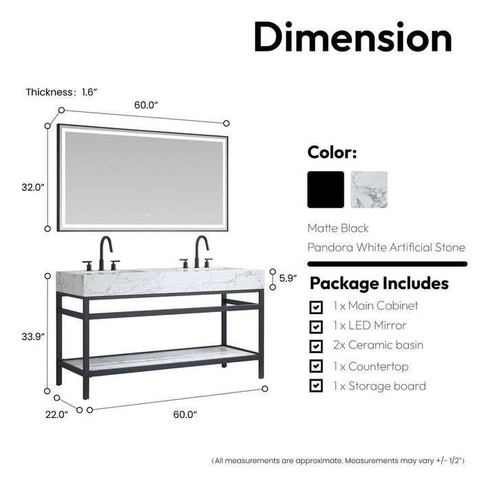 Vinnova Designs Ecija 60M" Free-standing Double Bath Vanity in Mattee Black Metal Support with Pandora White Composite Stone Top and Mirror