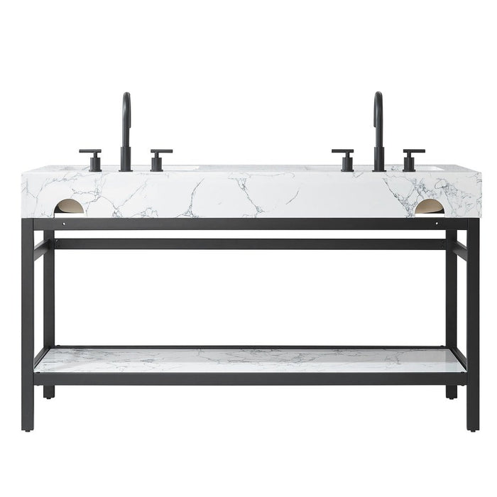 Vinnova Designs Ecija 60M" Free-standing Double Bath Vanity in Mattee Black Metal Support with Pandora White Composite Stone Top and Mirror