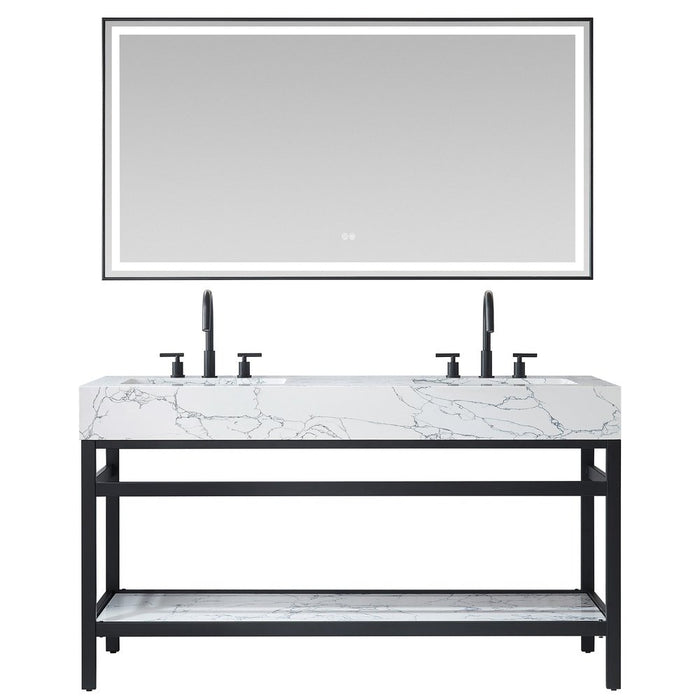 Vinnova Designs Ecija 60M" Free-standing Double Bath Vanity in Mattee Black Metal Support with Pandora White Composite Stone Top and Mirror