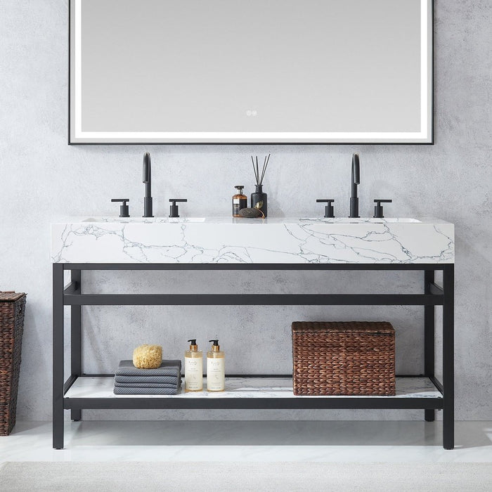 Vinnova Designs Ecija 60M" Free-standing Double Bath Vanity in Mattee Black Metal Support with Pandora White Composite Stone Top and Mirror