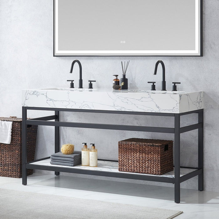 Vinnova Designs Ecija 60M" Free-standing Double Bath Vanity in Mattee Black Metal Support with Pandora White Composite Stone Top and Mirror