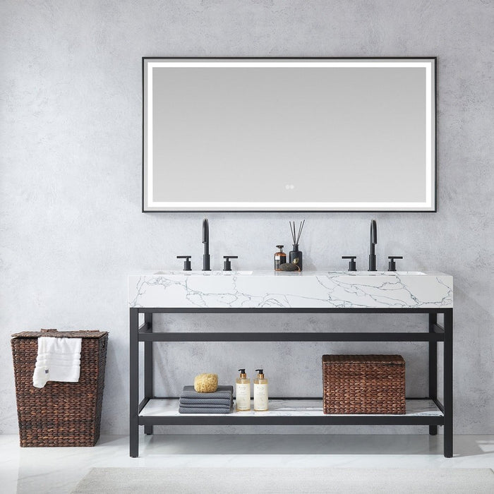 Vinnova Designs Ecija 60M" Free-standing Double Bath Vanity in Mattee Black Metal Support with Pandora White Composite Stone Top and Mirror