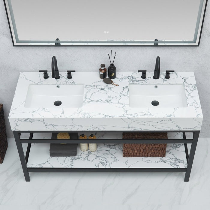 Vinnova Designs Ecija 60M" Free-standing Double Bath Vanity in Mattee Black Metal Support with Pandora White Composite Stone Top and Mirror