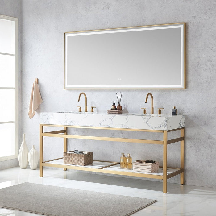 Vinnova Designs Ecija 72" Free-standing Double Bath Vanity in Brushed Gold Metal Support with Pandora White Composite Stone Top and Mirror