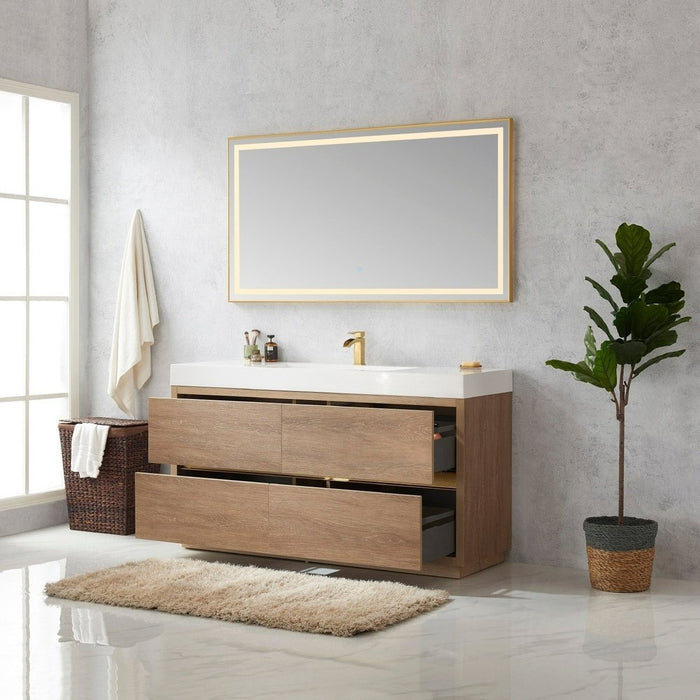 Vinnova Designs Huesca 60" Single Sink Bath Vanity in North American Oak with White Composite Integral Square Sink Top and Mirror