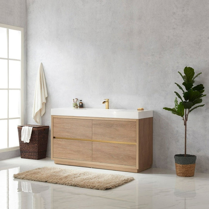 Vinnova Designs Huesca 60" Single Sink Bath Vanity in North American Oak with White Composite Integral Square Sink Top and Mirror