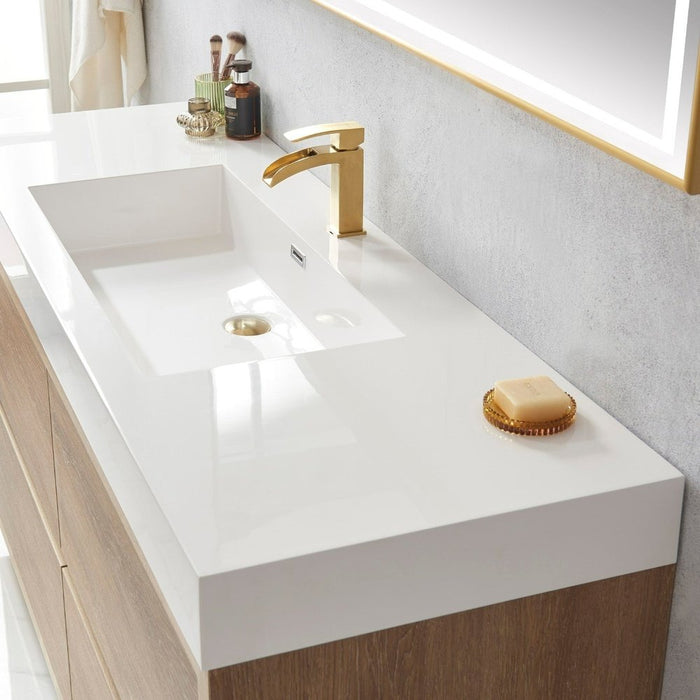 Vinnova Designs Huesca 60" Single Sink Bath Vanity in North American Oak with White Composite Integral Square Sink Top and Mirror