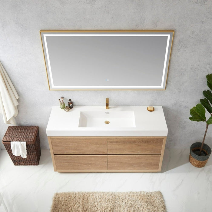 Vinnova Designs Huesca 60" Single Sink Bath Vanity in North American Oak with White Composite Integral Square Sink Top and Mirror