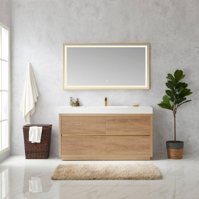 Vinnova Designs Huesca 60" Single Sink Bath Vanity in North American Oak with White Composite Integral Square Sink Top and Mirror