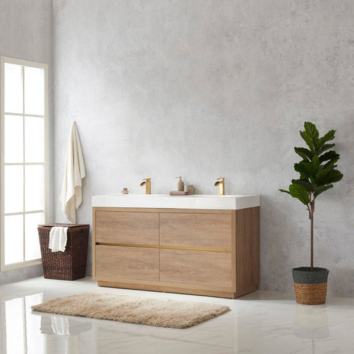 Vinnova Designs Huesca 60M" Double Sink Bath Vanity in North American Oak with White Composite Integral Square Sink Top and Mirror