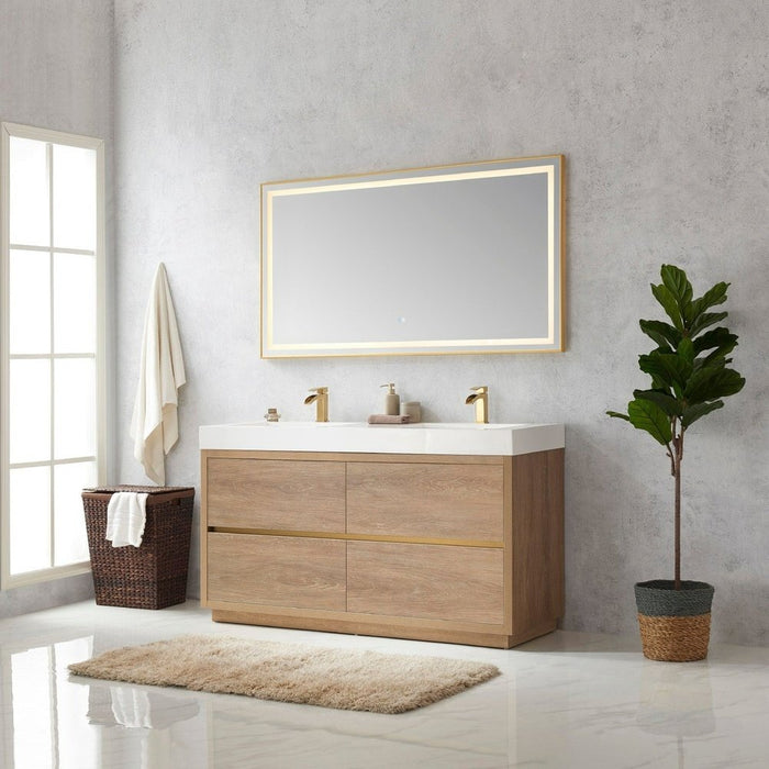 Vinnova Designs Huesca 60M" Double Sink Bath Vanity in North American Oak with White Composite Integral Square Sink Top and Mirror