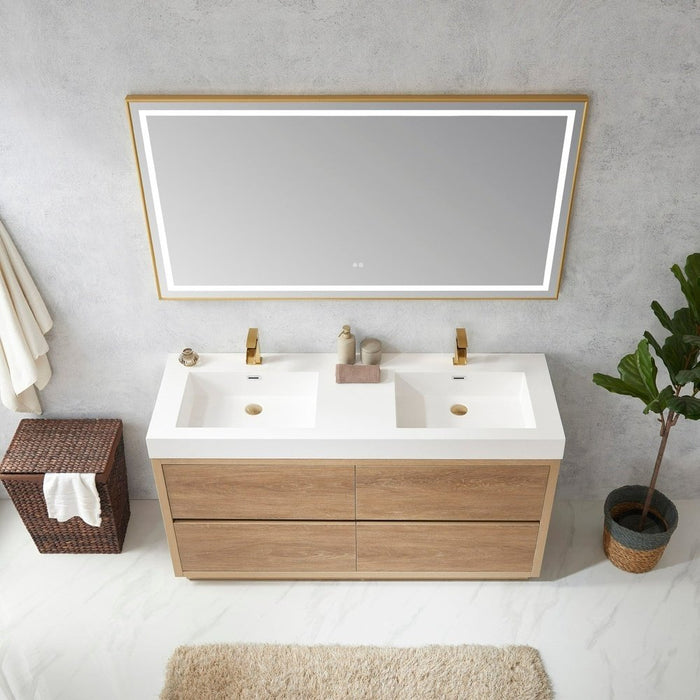 Vinnova Designs Huesca 60M" Double Sink Bath Vanity in North American Oak with White Composite Integral Square Sink Top and Mirror