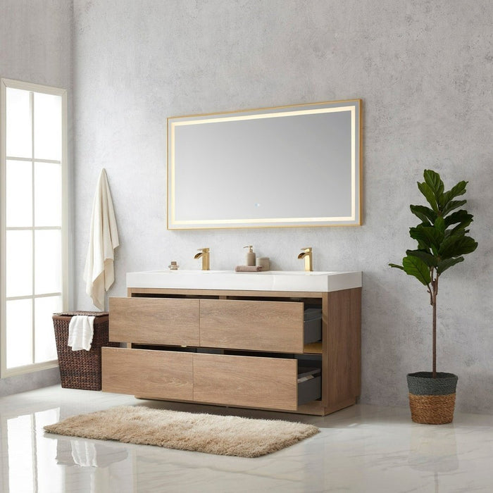 Vinnova Designs Huesca 60M" Double Sink Bath Vanity in North American Oak with White Composite Integral Square Sink Top and Mirror