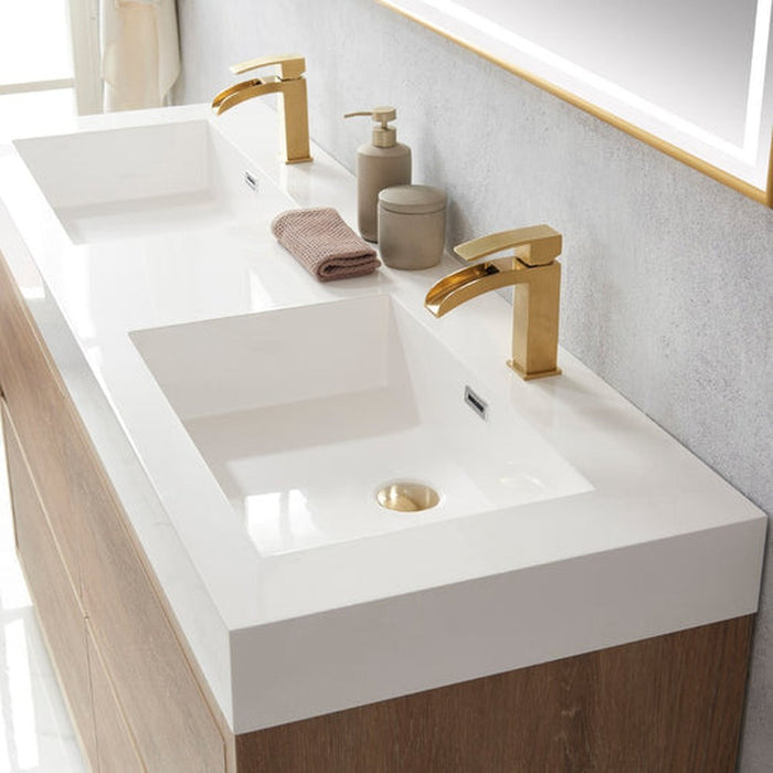 Vinnova Designs Huesca 60M" Double Sink Bath Vanity in North American Oak with White Composite Integral Square Sink Top and Mirror